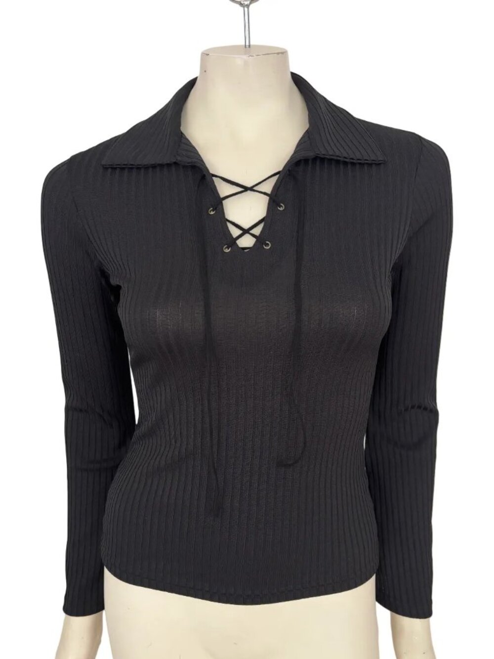 G.A.S. Black Ribbed Knit Long Sleeve Lace Up Front Collared Baby Tee Y2K SZ S